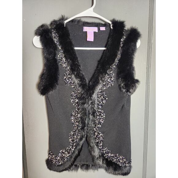 Vermani Faux Fur Sweater Vest Sz Small Black Beaded Rhinestone - Picture 1 of 14